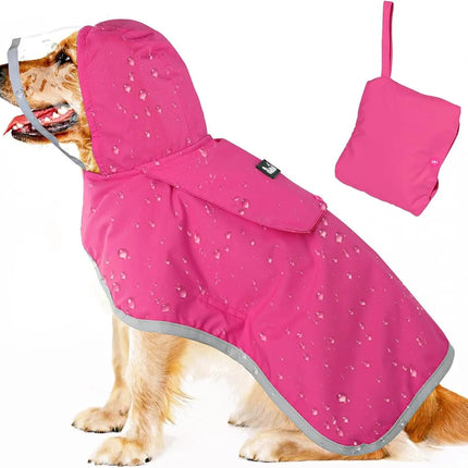 Dog wearing a pink raincoat with a matching pouch on a white background