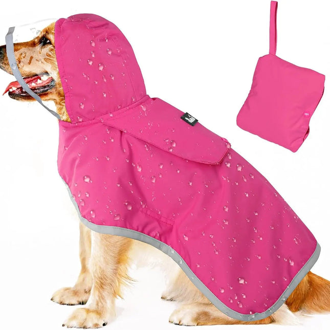 Dog wearing a pink raincoat with a matching pouch on a white background