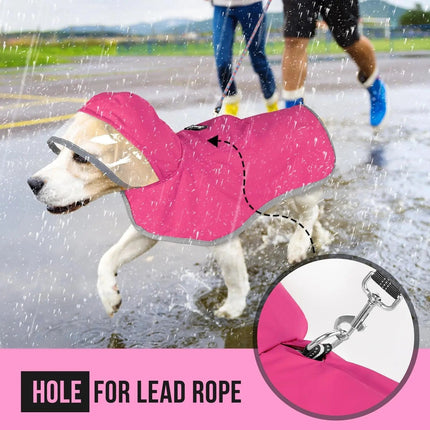 Dog wearing a pink raincoat with a hood, walking on a rainy day.