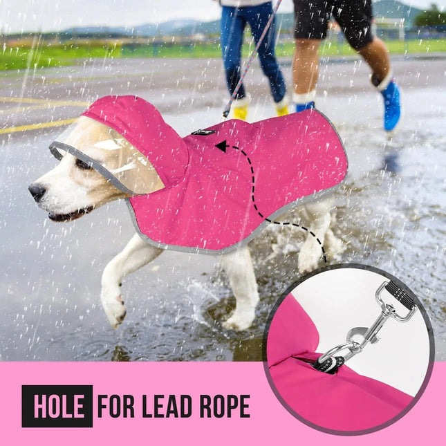 Dog wearing a pink raincoat with a hood, walking on a rainy day.