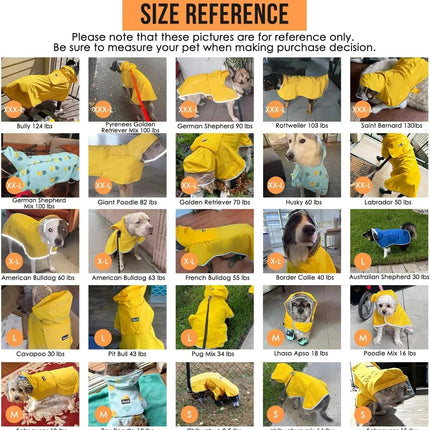 Size reference chart for dog raincoats showing various dog breeds and their corresponding sizes.