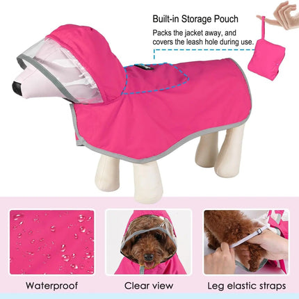 Pink dog raincoat with storage pouch, waterproof feature, clear view, and leg elastic straps on a white background.