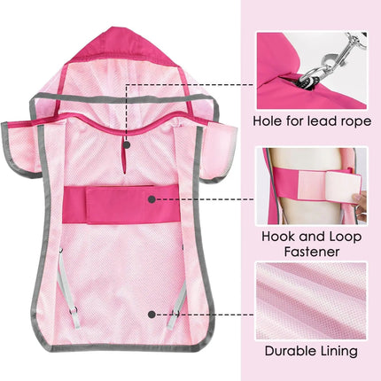 Pink pet raincoat with features highlighted on a white background