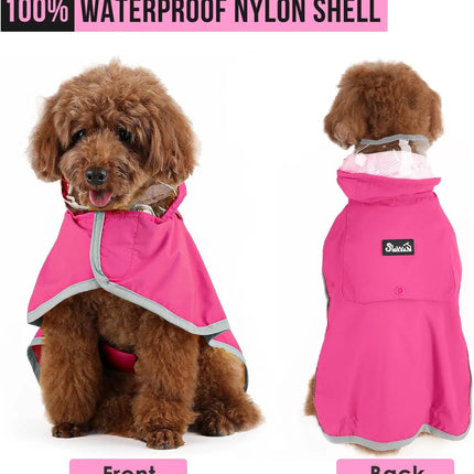 Dog wearing a pink waterproof coat with 'Bark!' brand label, shown from front and back on a white background.