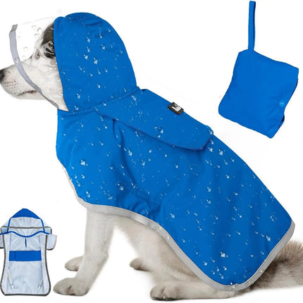 Blue dog raincoat with white speckles on a white background
