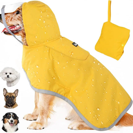 Dog wearing a yellow raincoat with additional raincoat and dog illustrations.
