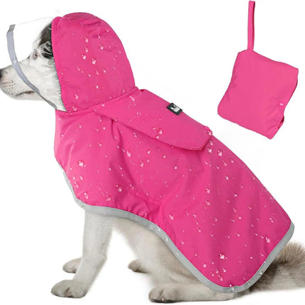 Dog wearing a pink raincoat with a matching pouch on a white background