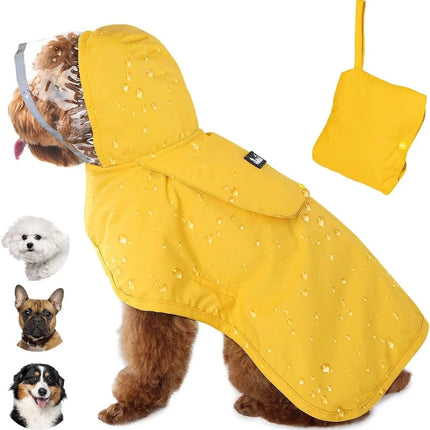 Dog wearing a yellow raincoat with additional raincoat shown on a white background