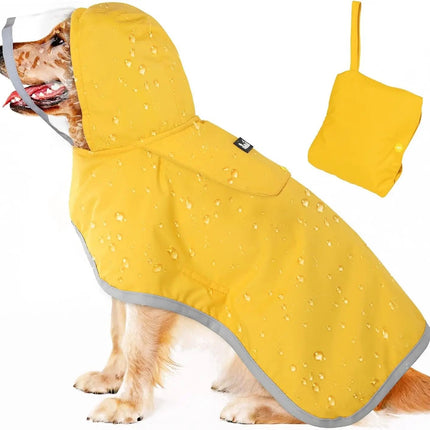 Dog wearing a yellow raincoat with a matching pouch on a white background