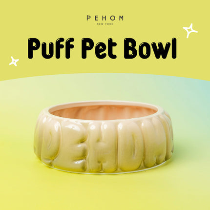 Puff Pet Bowl with 'PEHOM' branding on a yellow background