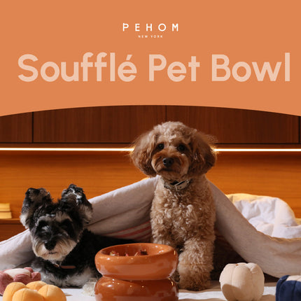 Two dogs with a souffle pet bowl on a wooden floor, featuring the brand 'PEHOM'.
