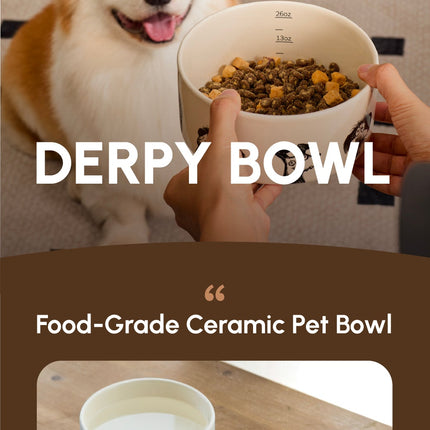 Cute dog with a ceramic pet bowl filled with food, labeled 'DERPY BOWL'.