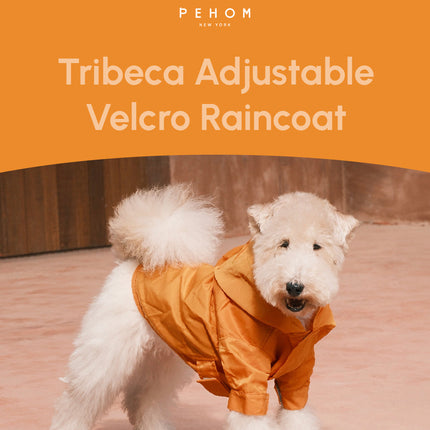 Dog wearing an egg yolk yellow raincoat with 'PEHOM' branding on a blurred background