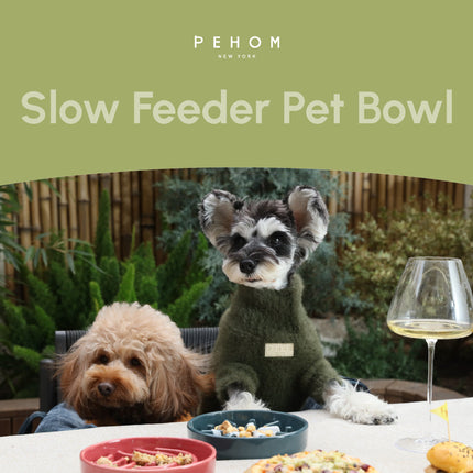 Two dogs at a table with a slow feeder pet bowl, wine glass, and food, branded 'PEHOM New York'.