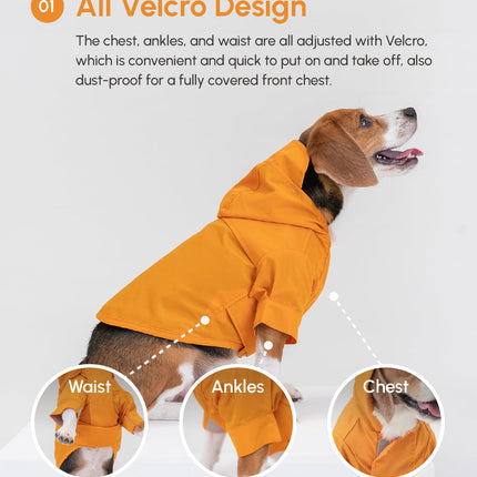 Dog wearing an egg yolk yellow raincoat with Velcro design on a gray background