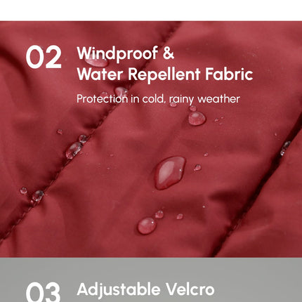 Dog coat with reversible design, windproof fabric, adjustable velcro closures, and elastic belt.