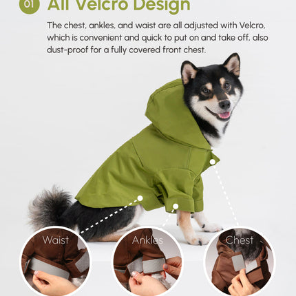 Dog wearing an olive green hooded coat with Velcro design features on a white background