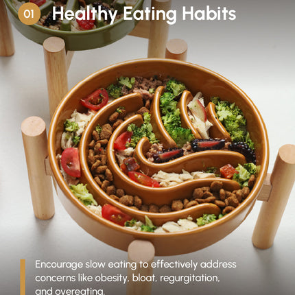 Wooden stand with puzzle feeder bowl filled with food, promoting healthy eating habits.