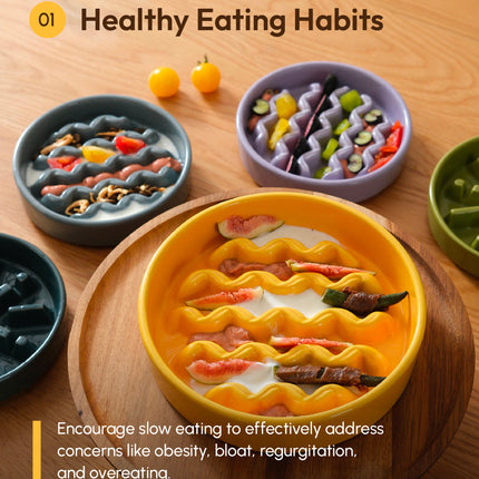Colorful bowls with wavy patterns on a wooden surface, promoting healthy eating habits.