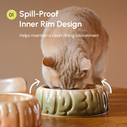 Cat drinking from a green ceramic bowl with text about spill-proof design.
