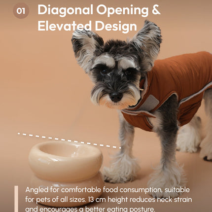 Dog wearing a brown coat with a bowl on a beige background, highlighting diagonal opening and elevated design features.