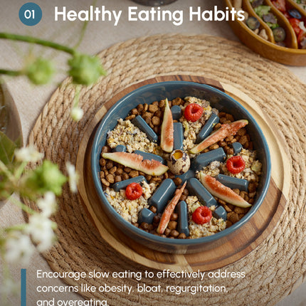 Bowl of healthy food on a textured surface with text about healthy eating habits.