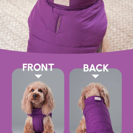 Purple dog coat with reflective detailing and security leash hole, shown from front and back angles.