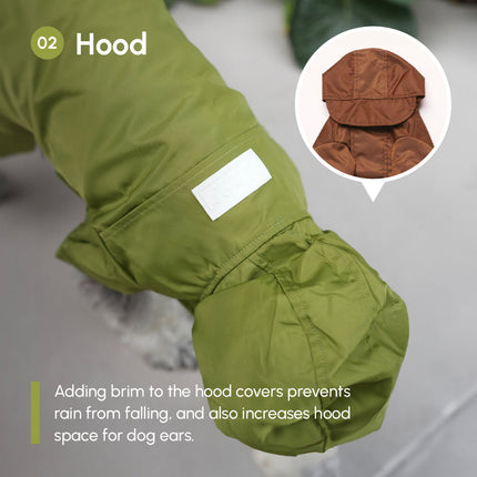 Olive green dog raincoat with hood feature, showing brim detail and text about hood benefits.