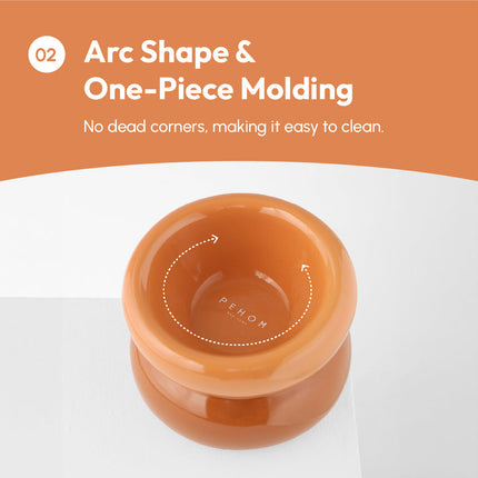 Orange bowl with 'PEHOM' branding on a white background, featuring text about arc shape and one-piece molding.
