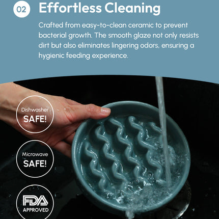 Ceramic pet bowl being rinsed with water, featuring text about its ease of cleaning and safety features.