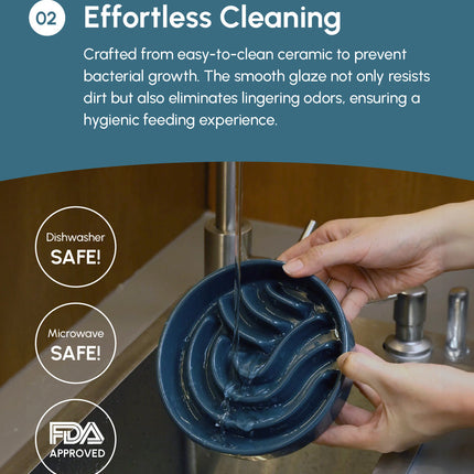 Ceramic pet bowl with text about effortless cleaning, dishwasher safety, microwave safety, and FDA approval.