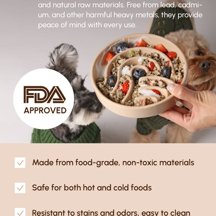 Product packaging with a bowl of food, a hand holding it, and a cat and dog looking at it. FDA approval logo is visible.