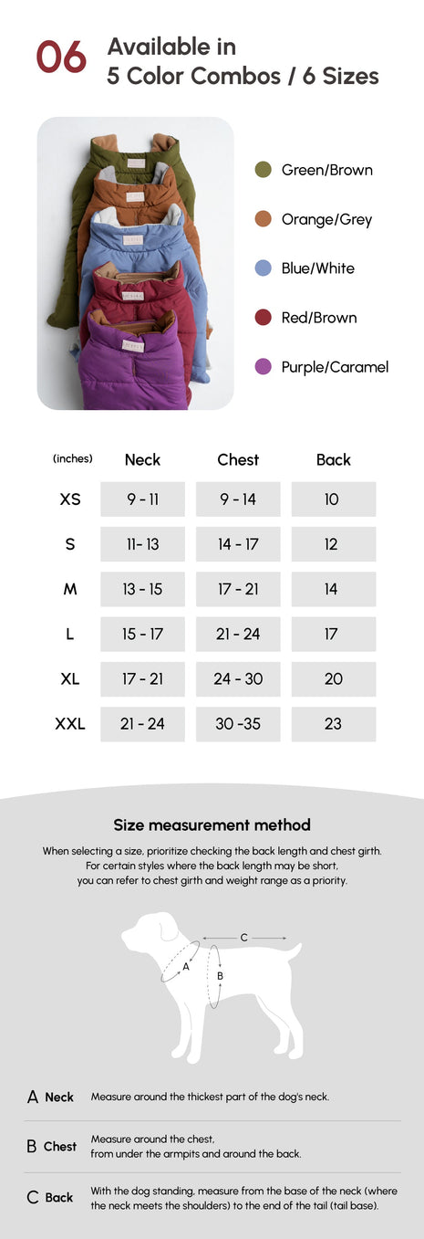 Dog harness size chart with color combinations and measurements.