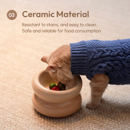 Cat wearing a blue sweater eating from a ceramic bowl on a beige carpet.