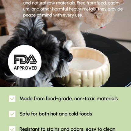 Cat using a food-grade pet bowl with FDA approval label and product features listed.