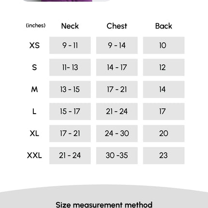 Dog harness size chart with color combinations and measurements.