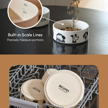 Pet food bowls with scale lines and ease of use features on a brown background