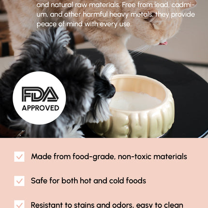 Cat using a ceramic bowl with text about food-grade safety and FDA approval.