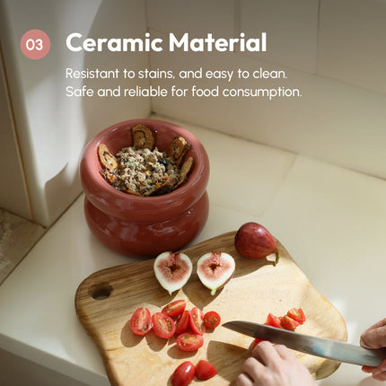 Ceramic bowl on a kitchen counter with food, surrounded by sliced figs and tomatoes.
