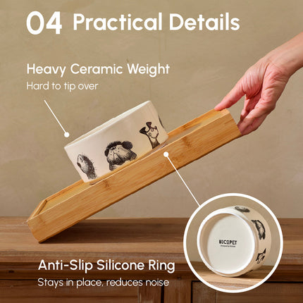 Wooden pet bowl holder with ceramic bowls, highlighting features like weight and anti-slip ring.