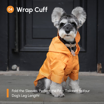 Dog wearing an egg yolk yellow coat with text about 'Wrap Cuff' design