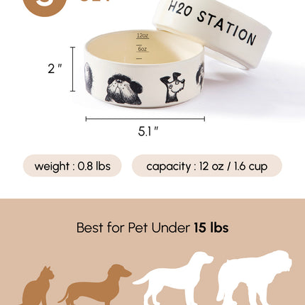 Pet water bowl set with measurements and capacity details on a white background