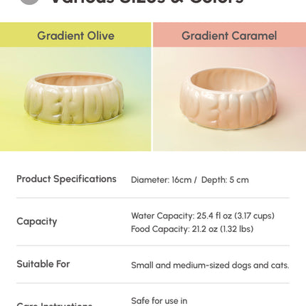 Product specifications for a pet bowl with gradient olive and gradient caramel.