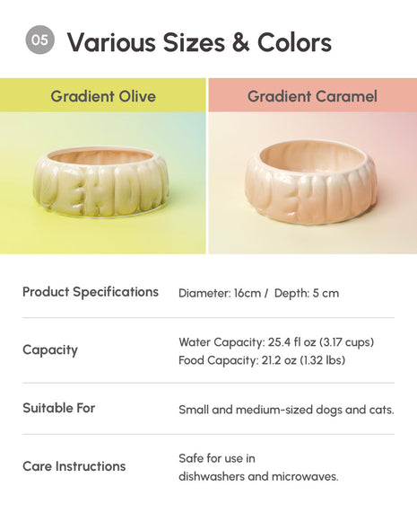 Product specifications for a pet bowl with gradient olive and gradient caramel.