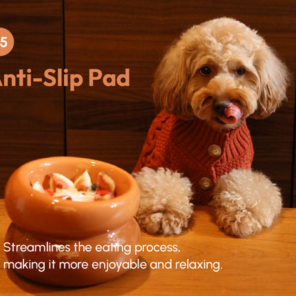 Dog wearing a sweater next to a ceramic bowl on a wooden surface with text about the anti-slip pad.