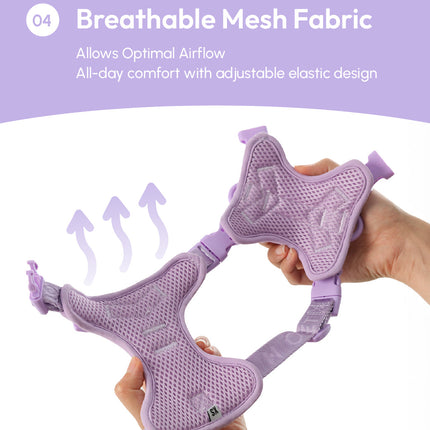 Purple mesh dog harness held by a hand with text about breathable mesh fabric on a white background.