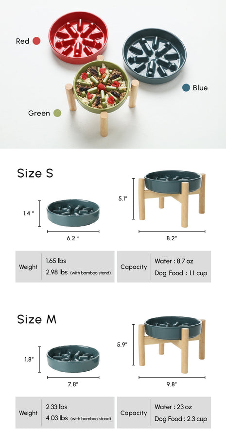 Set of pet bowls with dimensions and weight capacity displayed.