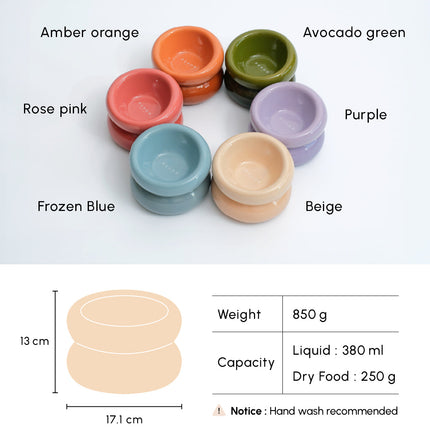 Set of colorful pet bowls with labels and product details on a white background