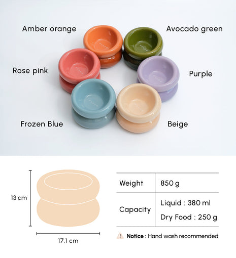 Set of colorful pet bowls with labels and product details on a white background
