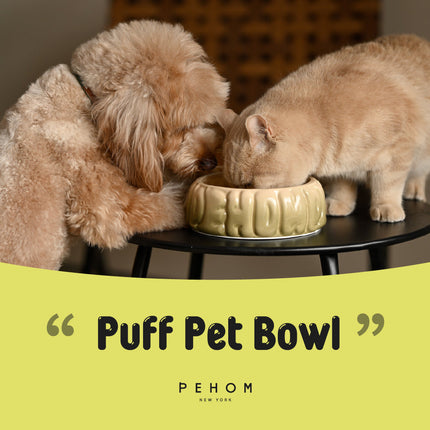 Two dogs eating from a Puff Pet Bowl with 'PEHOM' branding.